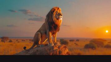 Majestic Lion Gazing Over the Serengeti at Sunset With Golden Hues and Rolling Grasslands photo