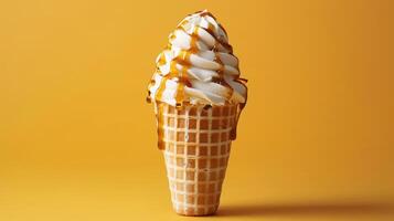 Delightful Swirls of Caramel and Cream on a Waffle Cone Against a Vibrant Yellow Background photo