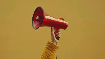 Vibrant Hand Holding a Red Megaphone Against a Bright Yellow Background at Sunset photo