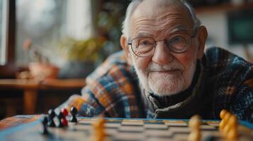 An Elderly Man Enjoys a Thoughtful Game of Chess in a Cozy, Sunlit Room photo
