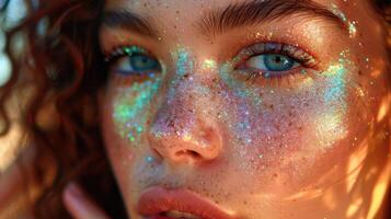 Captivating Close-Up of a Young Woman With Glittering Makeup Under the Sun photo