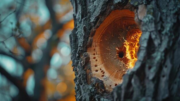 Enchanting Close-Up of a Tree Trunk With Glowing Interior During Autumn at Dusk in a Forest photo