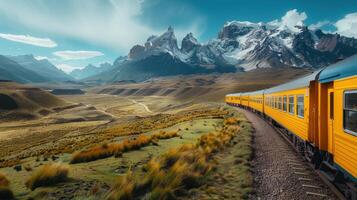A Bright Yellow Train Journeying Through Majestic Mountains and Lush Valleys Under a Vast Blue Sky photo