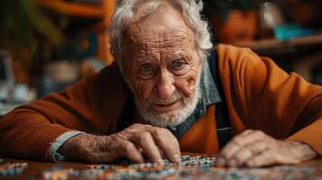 Elderly Man Engaged in Puzzle Solving at Cozy Home in Autumn Afternoon Light photo