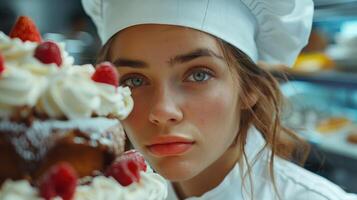 A Young Pastry Chef Presents Her Masterpiece Dessert at a Vibrant Bakery in the Heart of the City photo