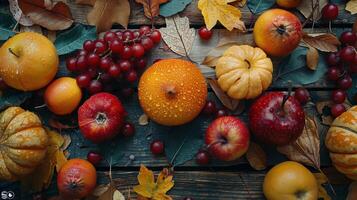 Vibrant Autumn Harvest Display With Colorful Fruits and Leaves on Rustic Wooden Surface photo