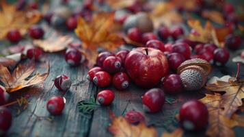 Autumn Harvest Displays A Vibrant Collection Of Red Fruits And Fallen Leaves In A Rustic Setting photo