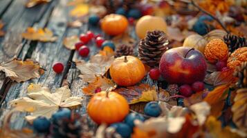 Autumn Harvest Decorated With Colorful Fruits and Luminescent Leaves on Weathered Wooden Surface photo