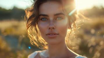 Enchanting Woman Glowing in Golden Sunrise Light Amidst Lush Nature Fields photo