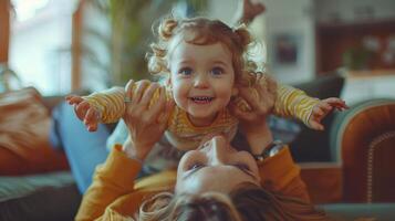 Joyful Playtime Between Mother and Child in Cozy Living Room During Bright Afternoon photo
