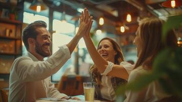 Joyful Friends Celebrating Together Over Drinks in A Cozy Cafe During Evening Hours photo