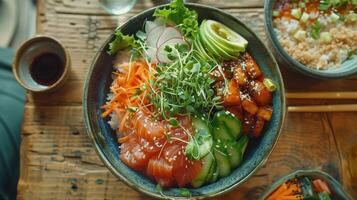 Colorful Bowl of Fresh Sushi and Vegetables in a Cozy Restaurant During a Sunny Afternoon photo