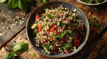 Vibrant Quinoa Salad With Fresh Vegetables and Herbs on Rustic Wooden Table photo
