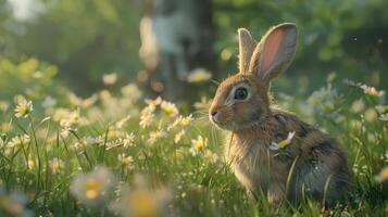 A Curious Rabbit Pauses Among Blooming Wildflowers in a Sunlit Meadow During Springtime photo