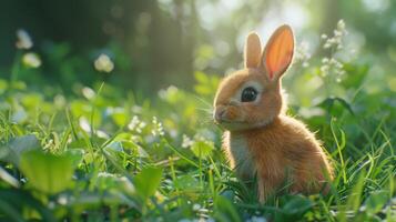 Adorable Young Rabbit Sitting Among Green Grass and Wildflowers in a Sunlit Meadow During Springtime photo