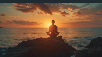 Meditative Reflection At Sunset Over Calm Ocean Waves In Tranquil Seaside Setting photo