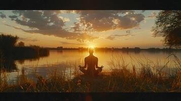 Serene Meditation at Sunset Over Tranquil Lake With Golden Sky Reflections photo