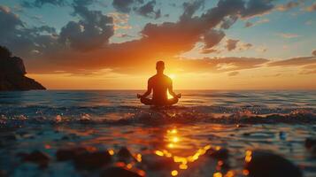 Serene Meditation at Sunset Over Calm Ocean Waves With Majestic Clouds in the Background photo