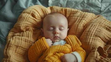 Sleeping Baby Wrapped in Soft Yellow Blanket Resting Peacefully in Cozy Nursery Setting photo