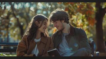 Warm Autumn Afternoon With Two Young People Sharing Smiles in a Park photo