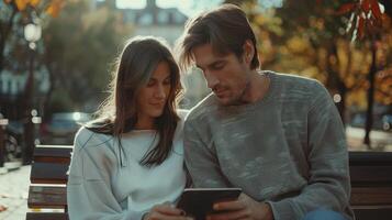 Couple Enjoying Tech Together on a Park Bench Under Autumn Leaves During a Sunny Afternoon photo