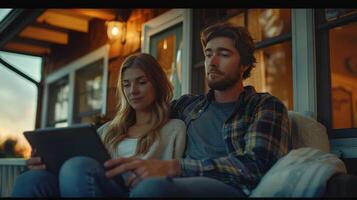 Cozy Evening at Home With Couple Engaged in Digital Entertainment by Warm Sunset Glow photo