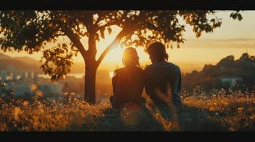Couple Enjoys a Romantic Sunset Together Under a Tree in an Idyllic Landscape photo