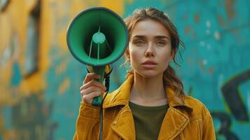 Passionate Activist Raising Awareness in Urban Environment With Brightly Colored Mural Background photo