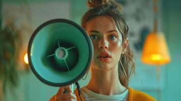 Captivating Young Woman Holding Megaphone in Cozy Room With Warm Lighting During Evening Hours photo