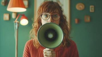 A Creative Individual Holding A Green Megaphone In A Cozy, Colorful Room photo