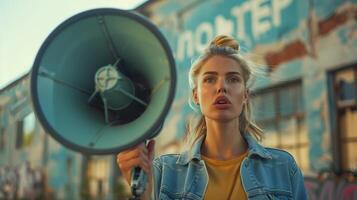 Empowered Activist Holding Megaphone Proclaims Message Amid Urban Graffiti Backdrop at Sunset photo