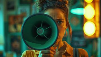 Passionate Activist Commanding Attention With Megaphone in Vibrant Urban Space photo