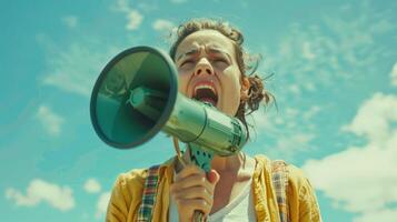 A Passionate Activist Shouting Important Messages Beneath a Bright Blue Sky photo