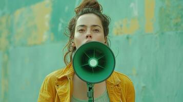 Empowered Woman Uses Megaphone to Inspire Change in Urban Setting During Bright Daylight photo