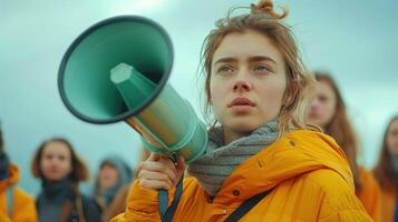 Inspired Young Activist Rallying Support for Environmental Change in a Vibrant Yellow Jacket photo