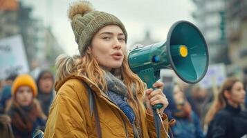 Empowered Activist Speaking Passionately at a Peaceful Protest in an Urban Setting During Chilly Weather photo