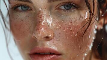 Glowing Portrait of a Young Woman With Water Droplets in Soft Natural Light at Sunset on a Beach photo