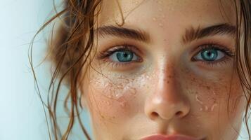 Captivating Close-Up of Young Woman With Freckles and Wet Hair Glimmering in Soft Natural Light photo