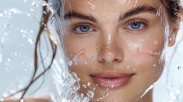 Captivating Portrait of a Young Woman With Sparkling Blue Eyes Behind a Water Overlay in a Bright Studio Setting photo