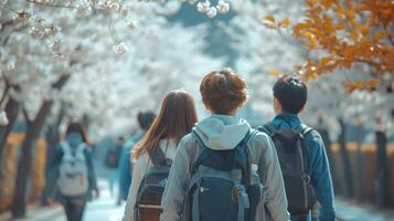 A Serene Stroll Through Cherry Blossom Pathway in Early Spring With Friends photo