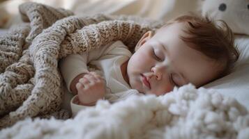 Cozy Baby Soundly Sleeping Under Soft Woolen Blanket in Warm Bedroom Setting photo