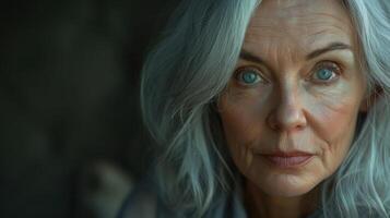 A Thoughtful Woman With Striking Blue Eyes Posing in Soft Light Amidst Nature's Serenity photo