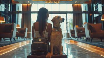 A Woman Enjoys A Relaxing Moment With Her Dog In A Luxurious Hotel Lobby During Golden Hour photo