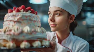 Young Pastry Chef Carefully Presenting A Delightfully Decorated Multi-Layer Cake In A Busy Bakery Kitchen During Afternoon Hours photo