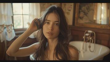 Captivating Morning Routine of a Young Woman in a Vintage Bathroom Setting photo