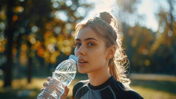 Refreshing Hydration Moment During a Morning Jog in a Sunlit Park Surrounded by Colorful Autumn Foliage photo