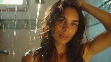 Captivating Woman in Shower Embracing Refreshing Water Flow on a Bright Morning photo