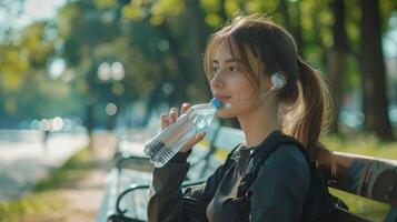 Refreshing Moment in the Park During a Sunny Afternoon With a Young Woman Enjoying Hydration photo