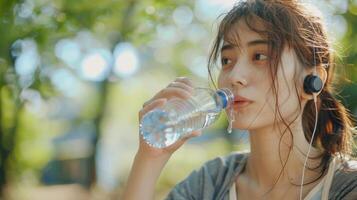Young Woman Refreshes Herself With Water While Jogging in a Sunlit Park During Afternoon photo