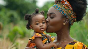 Loving Embrace of a Mother and Child Amidst Vibrant African Landscape on a Sunny Day photo
